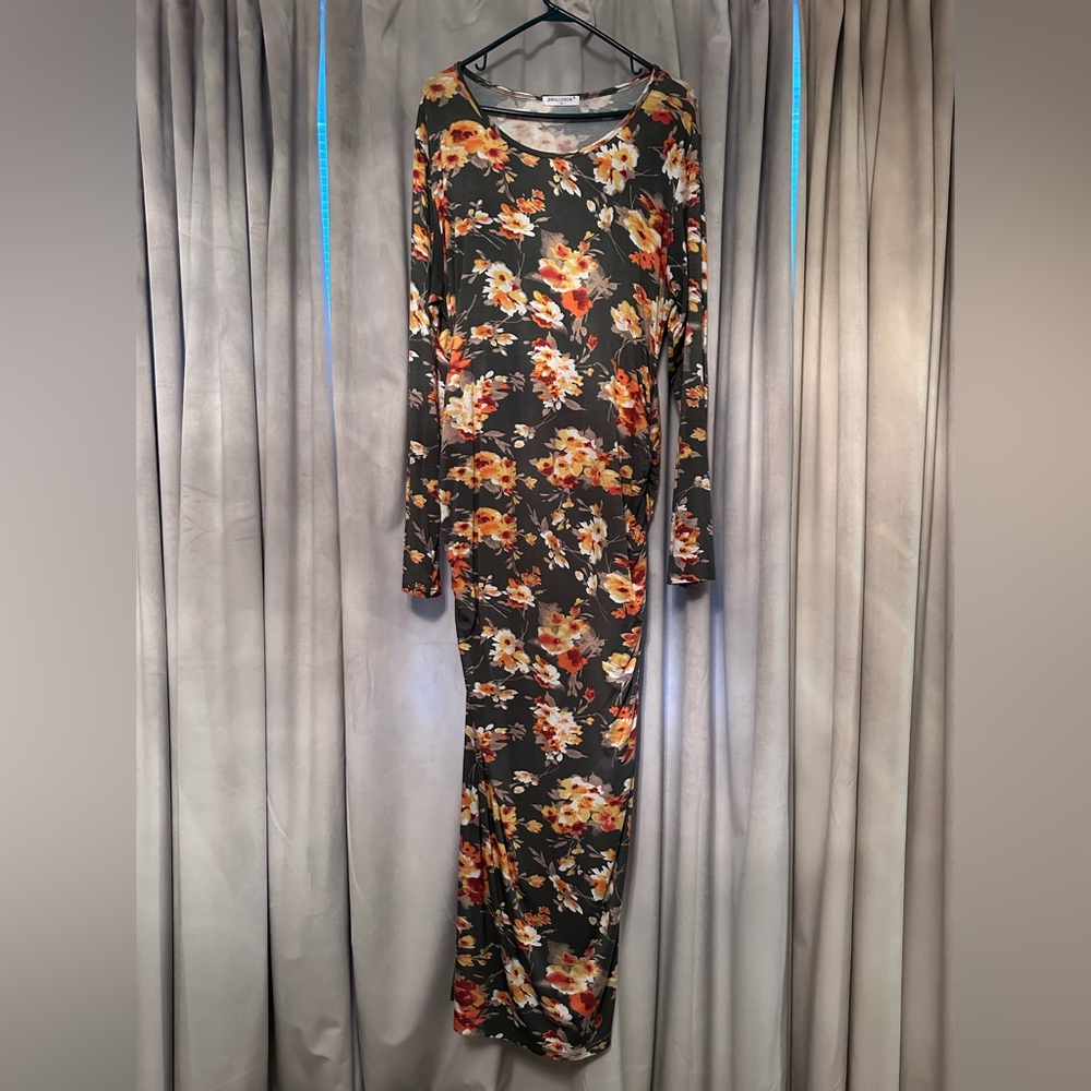 Maternity Floral Long Sleeve Dress - Green and Orange